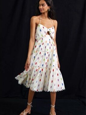 Anthropologie FARM Rio White Tiered Halter Midi Dress with Multicolor Embroidery